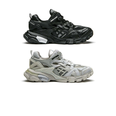 Thick-soled White Men's Ins Tide New Sports Men's Shoes displayed in black and white colorways, showcasing trendy design elements.