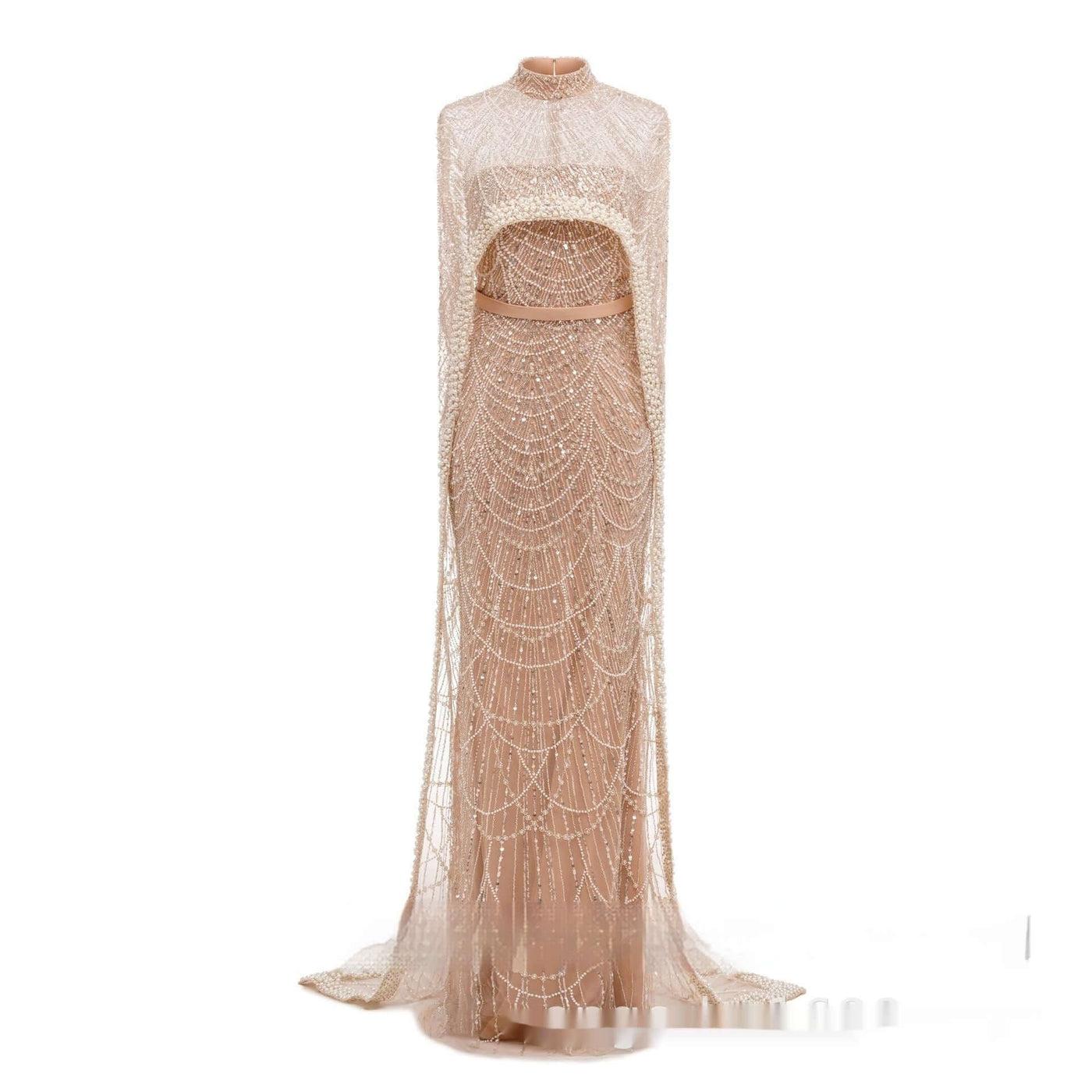 Elegant Pearl Embroidery Material Evening Party Dress with a long skirt and stylish cape in a soft skin color.
