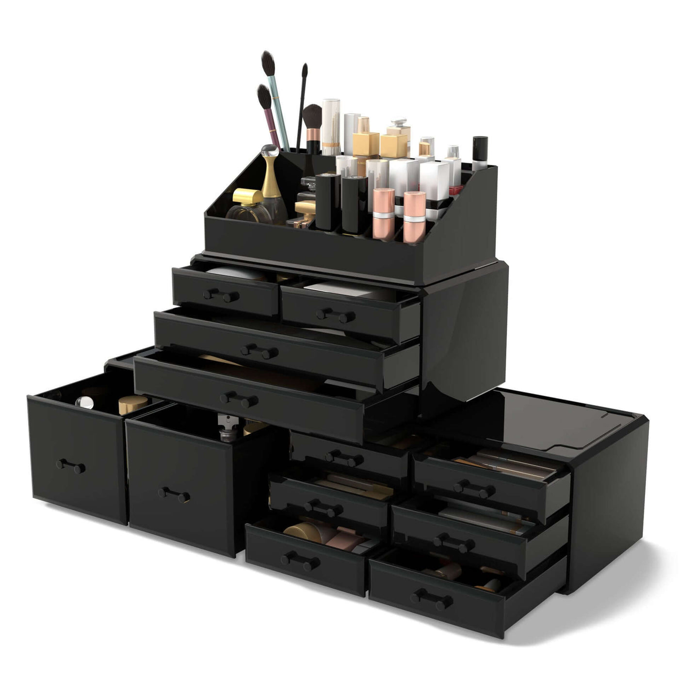 Household Fashion Cosmetics Storage Box with multiple layers and compartments for organizing makeup.