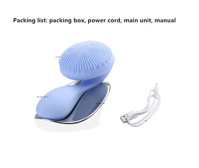 Electric face washer with packing box, power cord, main unit, and manual in blue color.