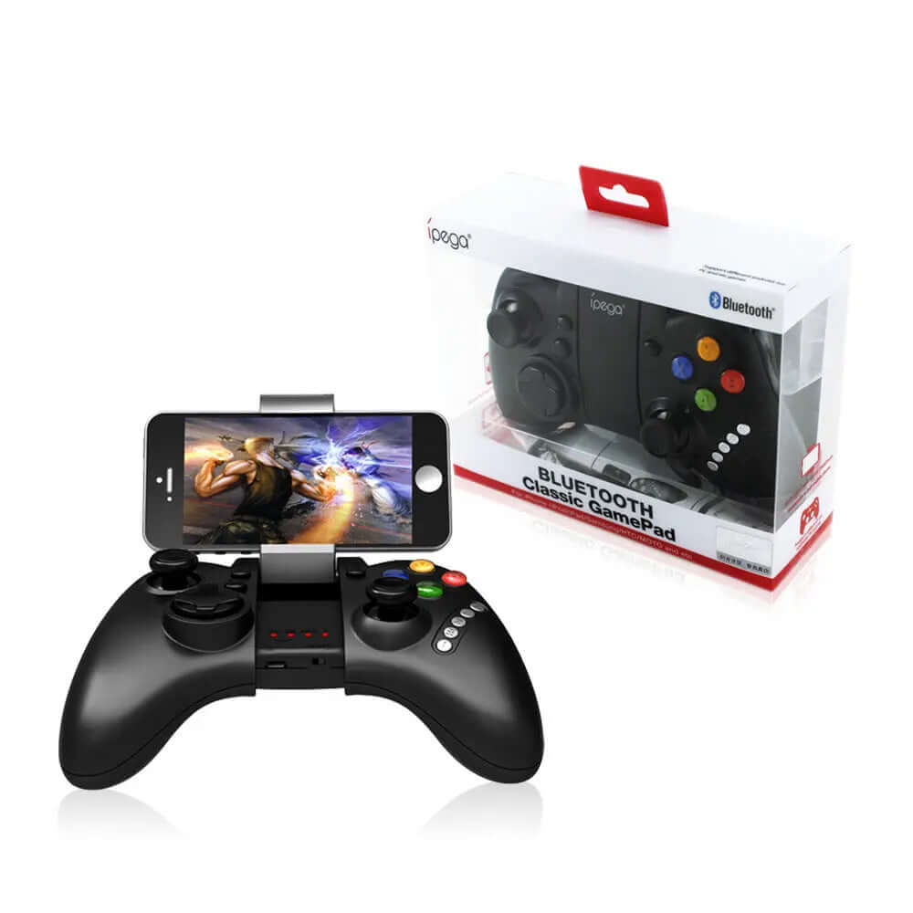 Compatible with Apple, IPEGA PG-9021 Bluetooth Mobile Game Controller with smartphone and packaging.