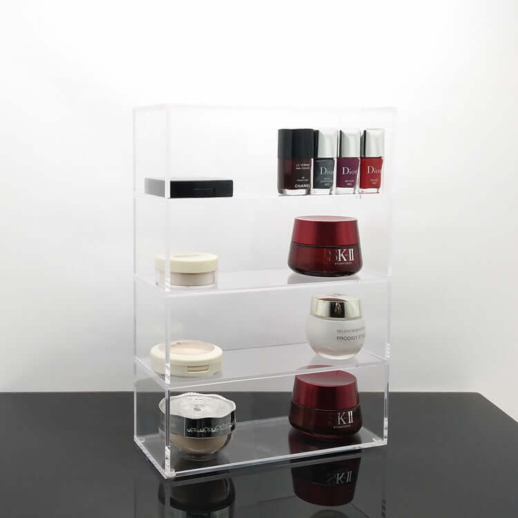 Acrylic storage box cosmetics displaying various beauty products in an organized manner on shelves.