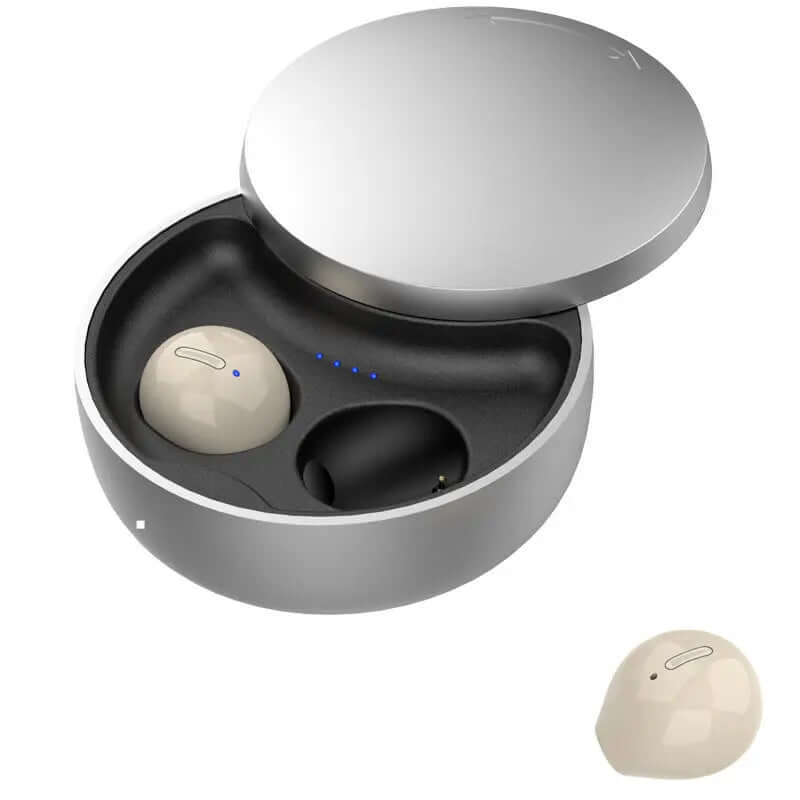 Earbuds wireless bluetooth headset in charging case with sleek design and LED indicators.