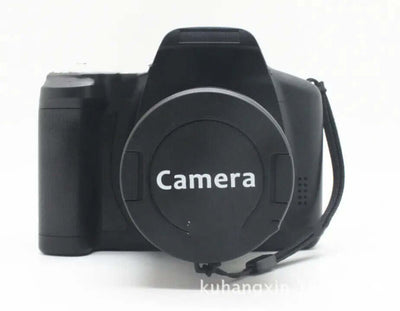 XJ05 Digital Video Camera showing the front view with lens cap and strap for secure handling.