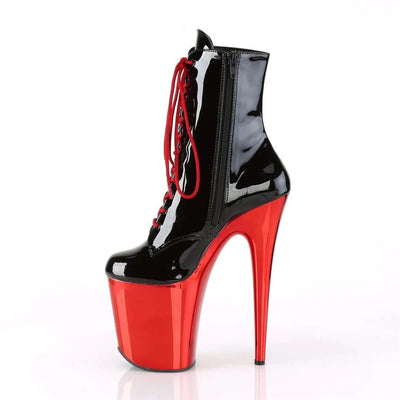 Nightclub Stage Pole Dance High Heel Boots with patent leather upper and super high stiletto heel in black and red.