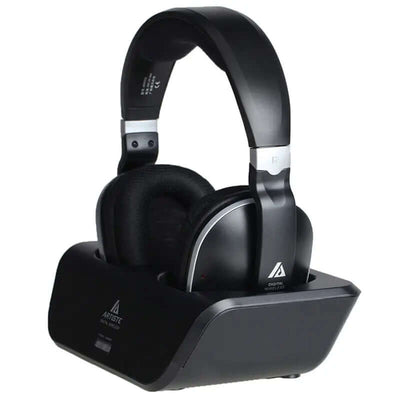 TV Wireless Headphones On-ear Bass Headphones placed on charging dock with black design.