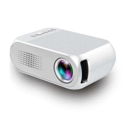 Projector Home Mini HD Mini Portable Projector shown in white with colorful lens and front controls.