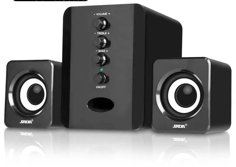Speakers Computer D-202 Combination Music-Player Subwoofer-Sound-Box Smart-Phones Stereo in black design with control buttons.