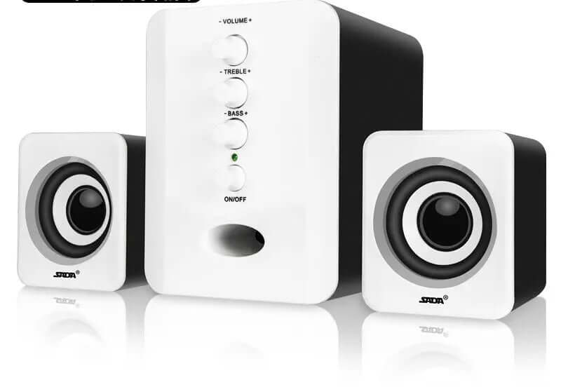 Speakers Computer D-202 Combination Music-Player Subwoofer-Sound-Box Smart-Phones Stereo in black and white design.