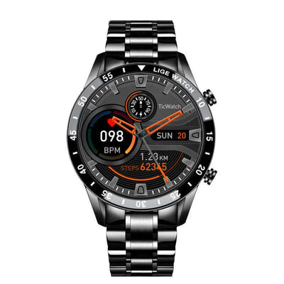 Multifunctional Smart Watch  Bluetooth Call  Pedometer Blood Pressure And Heart Rate Detection Waterproof Watch on a stainless steel strap.