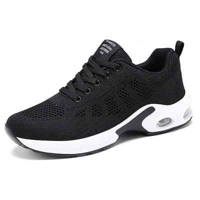 Casual Shoes Breathable Lightweight Mother Shoes Lace-up Cushioned Sneakers Women in black mesh style.