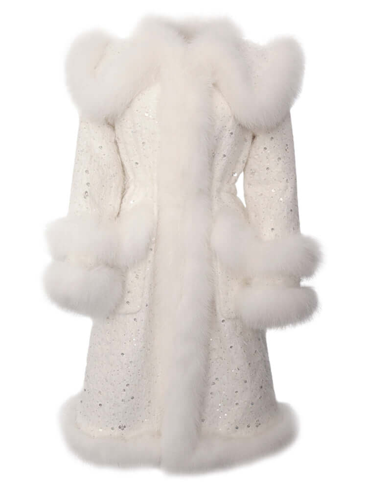 Women's Graceful And Fashionable Fox Fur Down Jacket Beaded Coat featuring a luxurious white fur collar and embellishments.