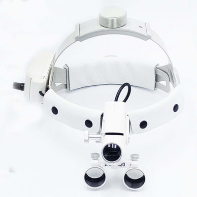 Head-mounted Medical Magnifying Lens LED Spotlight with adjustable light and comfortable headband design.
