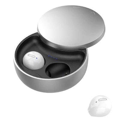 Earbuds wireless bluetooth headset in a sleek charging case with a lid open showing the earbuds.