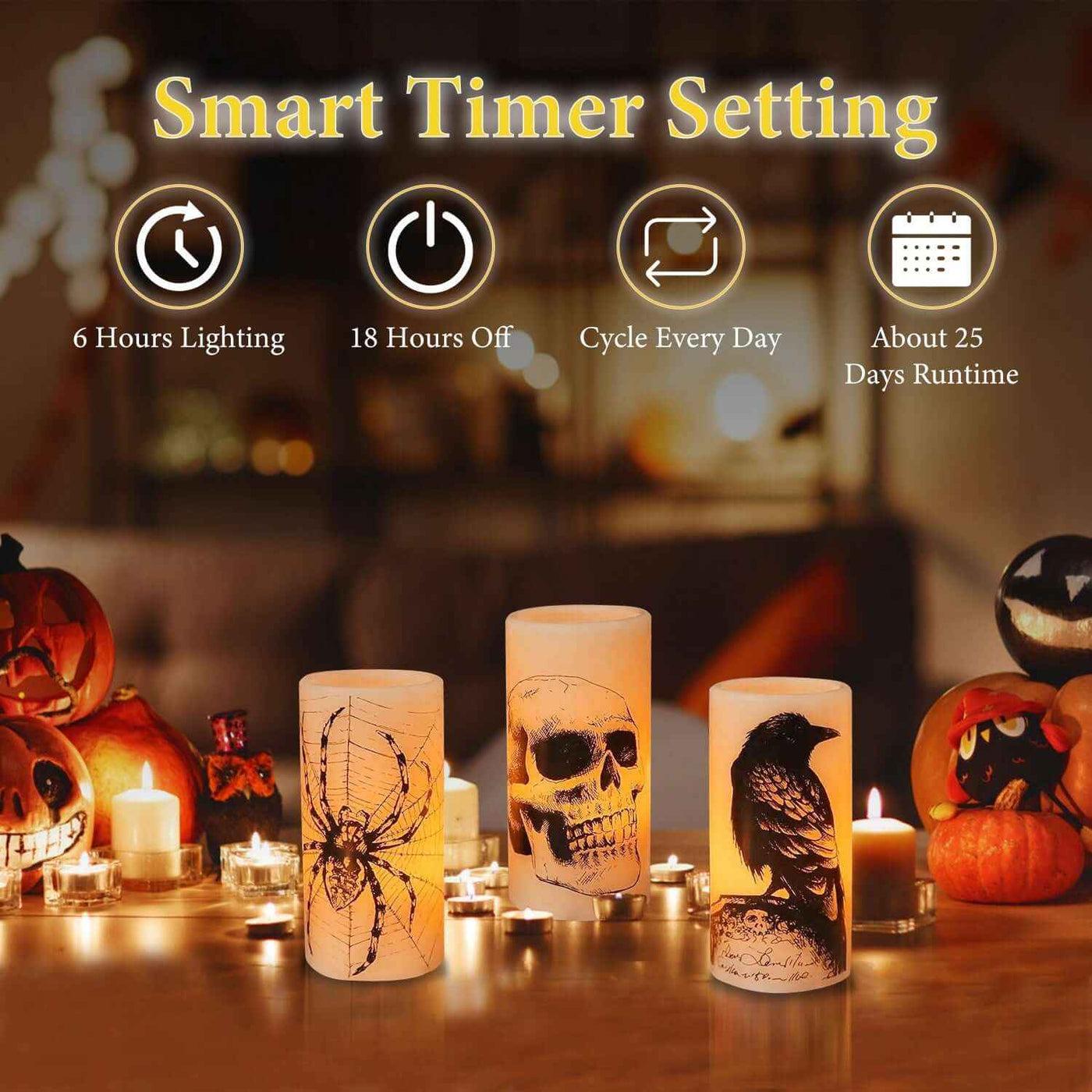 3 Pack Halloween Flameless Candle Lamp With Timer Setting Battery Operated Warm Orange Light Candles For Halloween Party Decoration