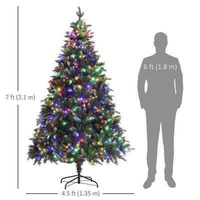 7 Foot Prelit Artificial Christmas Tree With Dual Colour LED Light, Hinged Xmas Tree For Home Office Holiday