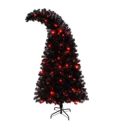 6FT Artificial Christmas Tree With LED Light, Pre-Lit Curved Shape Artificial Whimsical Xmas Tree With 900 Tips, Black Christmas Tree