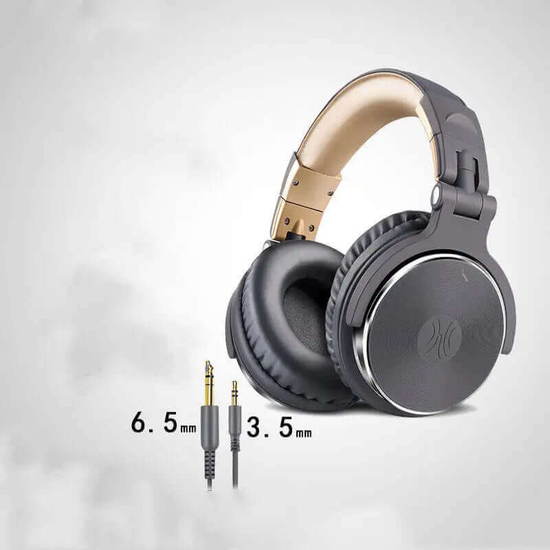 Stereo headphones with mic featuring 3.5mm and 6.5mm audio plugs and plush ear cushions for comfort.