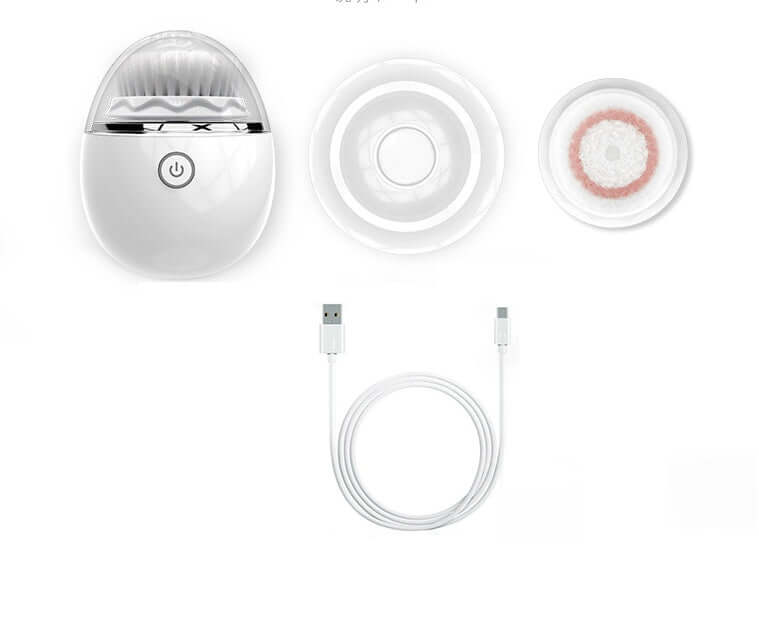Ultrasonic electric face washer and accessories, including brush heads and USB charging cable.
