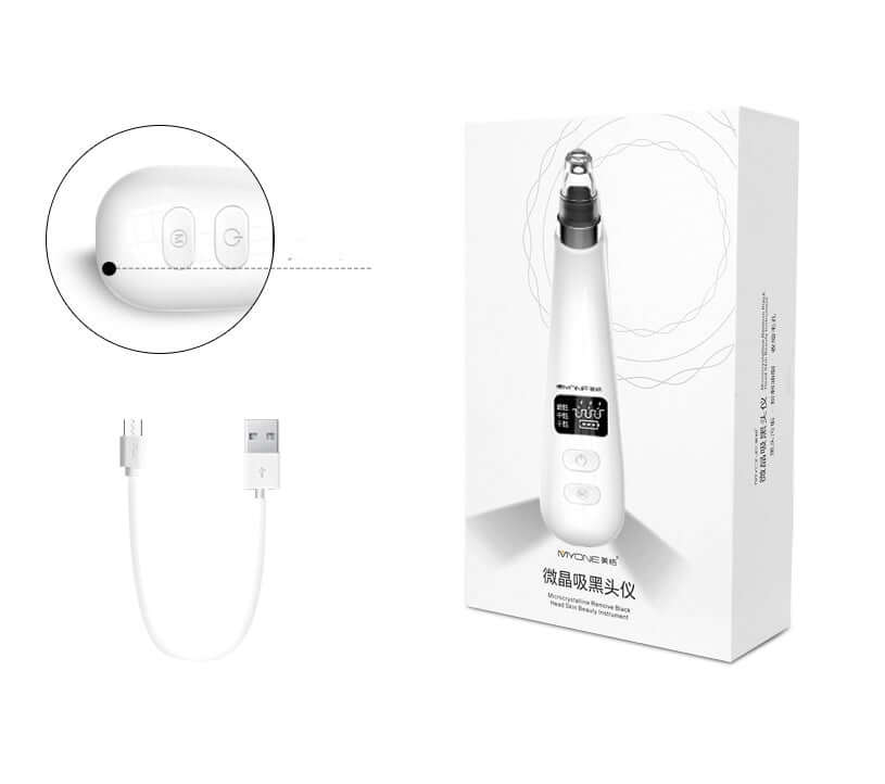 Electric blackhead artifact with USB charging, display controls, and packaging.