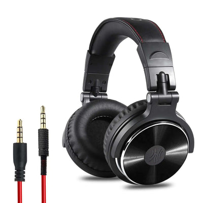 Stereo headphones with mic featuring over-ear design, detachable cables, and adjustable headband for comfort.