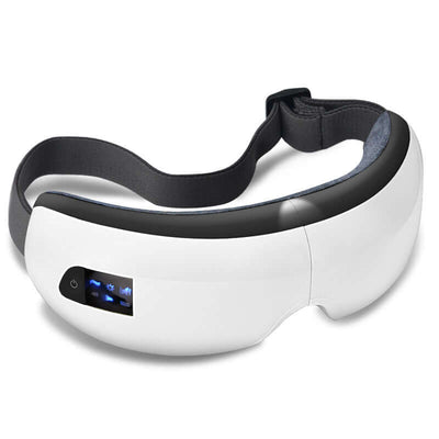 Bluetooth Music Eye Massager Air Pressure Hot Compress Dark Circles Eye Care with adjustable head strap and control panel.