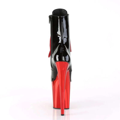 Nightclub Stage Pole Dance High Heel Boots with black patent leather upper and red stiletto heel.