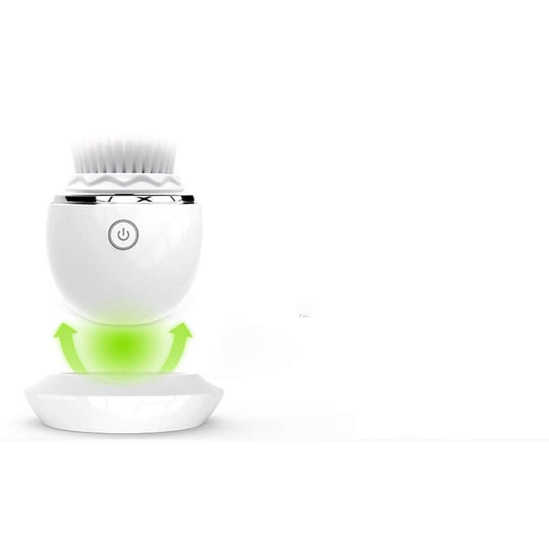 Ultrasonic electric face washer on charging base with green indicator light.