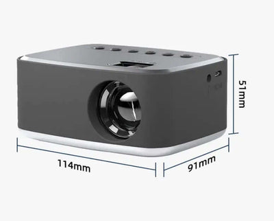 Mini Projector Led Home Theater Video Beamer Black dimensions with a sleek black design, 114mm x 91mm x 51mm.