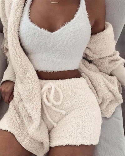 Womens Long Sleeve Crop pajama set. And Drawstring Shorts Pajama Set in cozy white fabric, featuring a cropped top and soft shorts.