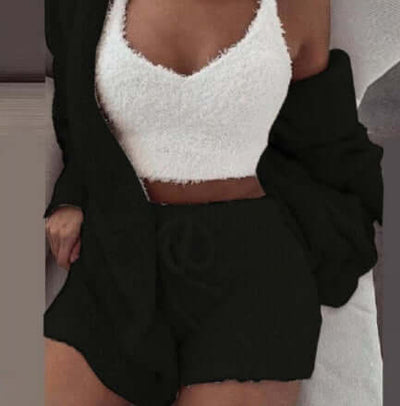 Womens Long Sleeve Crop pajama set. And Drawstring Shorts Pajama Set featuring a stylish white crop top with black shorts.