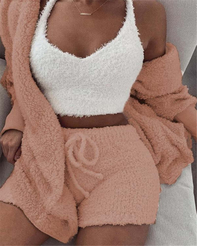 Womens Long Sleeve Crop pajama set. And Drawstring Shorts Pajama Set in white and peach with soft texture.