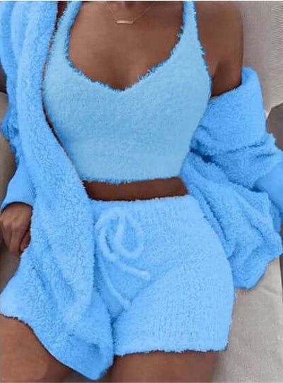 Womens Long Sleeve Crop pajama set. And Drawstring Shorts Pajama Set in soft blue fabric, featuring a cozy vest and matching shorts.