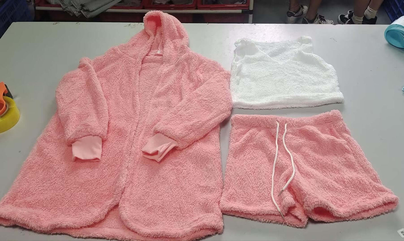 Womens Long Sleeve Crop pajama set and Drawstring Shorts Pajama Set in soft pink fabric, featuring a cozy robe, crop top, and shorts.