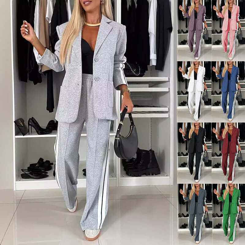 Women's Casual Suit Lapel Single-breasted Jacket And Striped Straight Pants Fashion Sports Trousers Suit Outerwears Clothing
