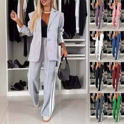 Women's Casual Suit Lapel Single-breasted Jacket And Striped Straight Pants Fashion Sports Trousers Suit Outerwears Clothing