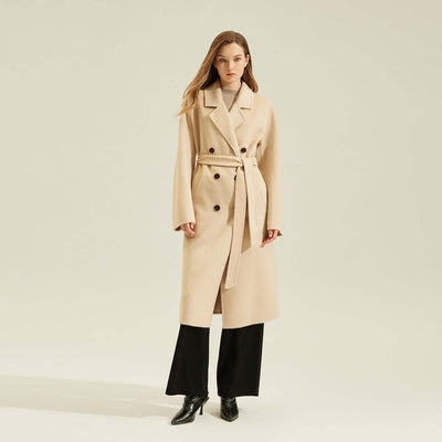 Women's Camel Coat Reversible Woolen Jacket worn by a model against a neutral background, showcasing its stylish design.
