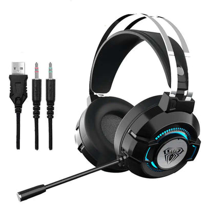 Noise-canceling headphones for gaming games with omnidirectional microphone and colorful lighting.