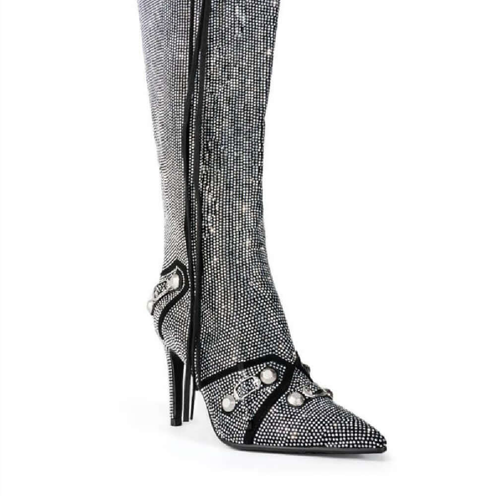 Needle Buckle Rhinestone Oversized Boots featuring a pointed toe and slim heel in a glamorous silver design.