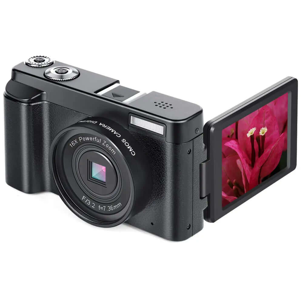 HD WIFI SLR Camera Digital Flip Screen Camera with 16x zoom and flip screen displaying flowers.