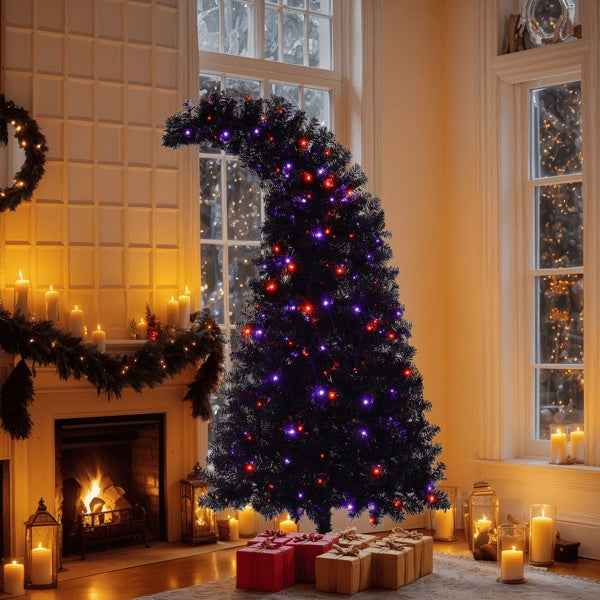6FT Artificial Christmas Tree With LED Light, Pre-Lit Curved Shape Artificial Whimsical Xmas Tree With 900 Tips, Black Christmas Tree