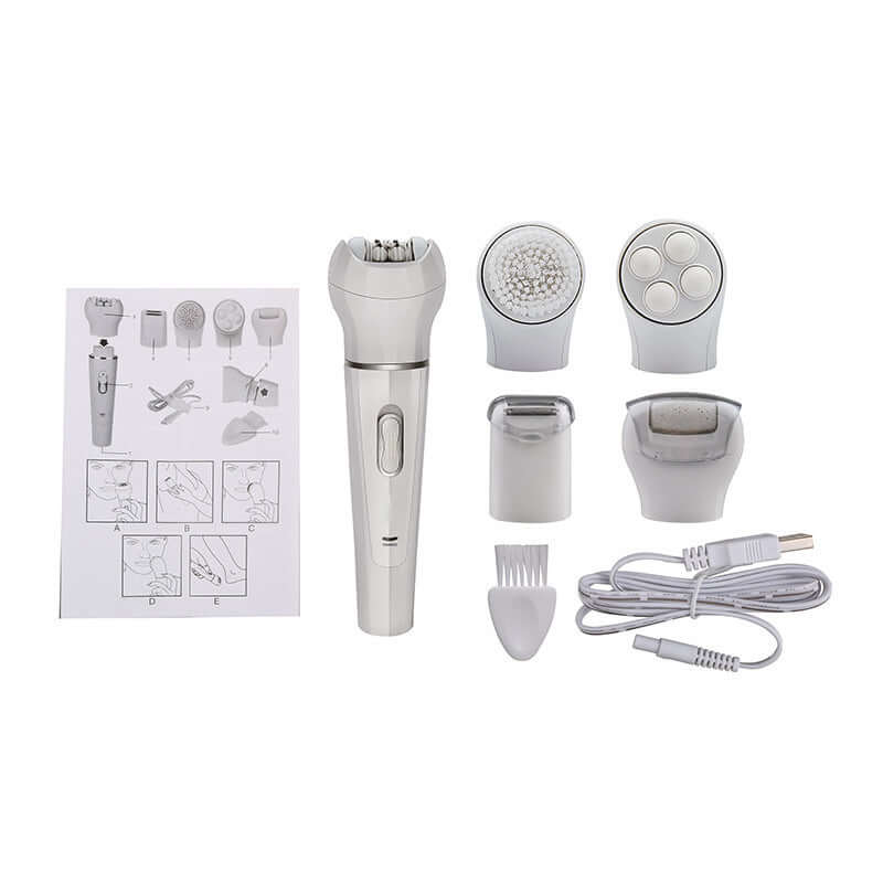 5 in 1 Multi-Functional Portable Face and body Skin Care Electric Massager Scrubber with Facial Latex Brush accessories and manual.