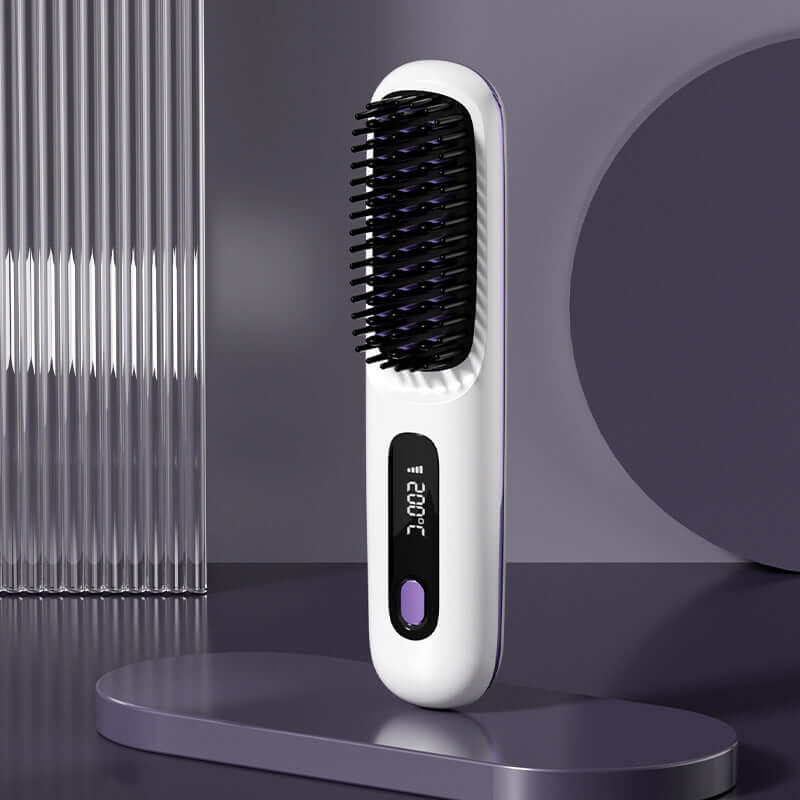 2 In 1 Straight Hair Comb Wireless Hair Straightener Brush Hair Fast Heating Portable Hot Curler USB Charging on display