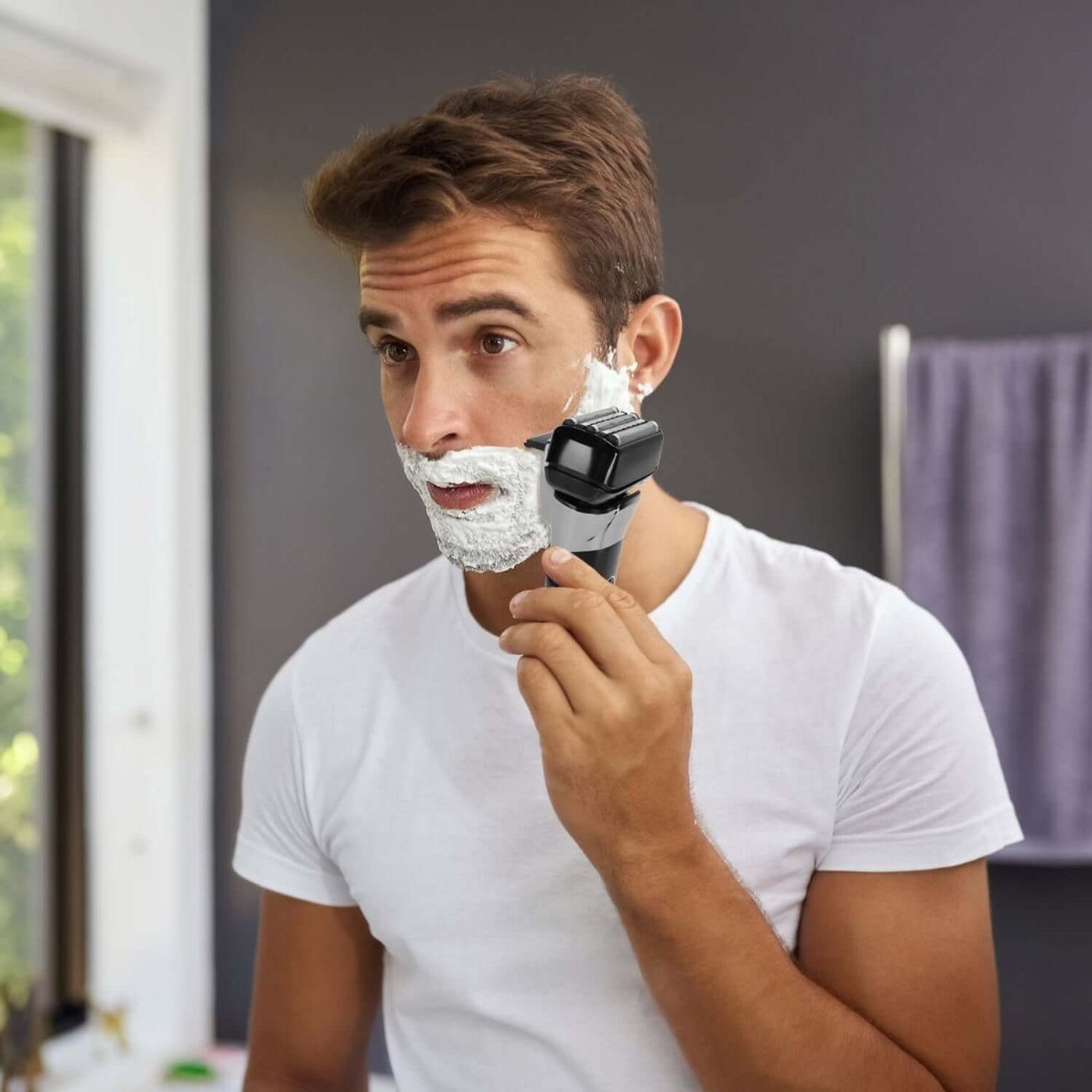 Electric Foil Face Shaver 5-Blade Electric Razor For Men Wet & Dry Jawline Beard Trimmer Precision Sideburn Shavers IPX6 in use.