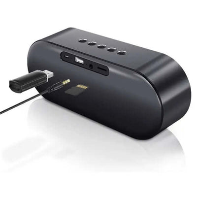 Wireless bluetooth speaker with USB and TF card connections, showing buttons and ports on the back.