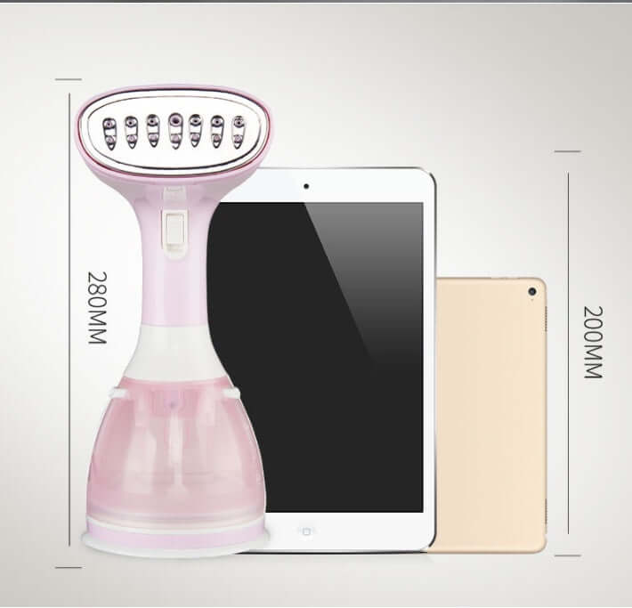 Handheld garment steamer household steam iron next to tablet, showcasing dimensions and sleek design.