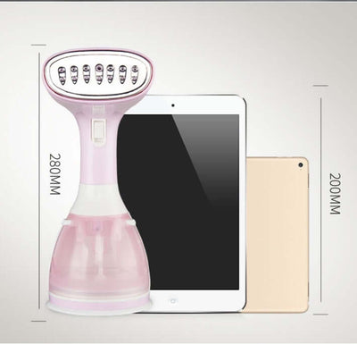 Handheld garment steamer household steam iron next to tablet, showcasing dimensions and sleek design.