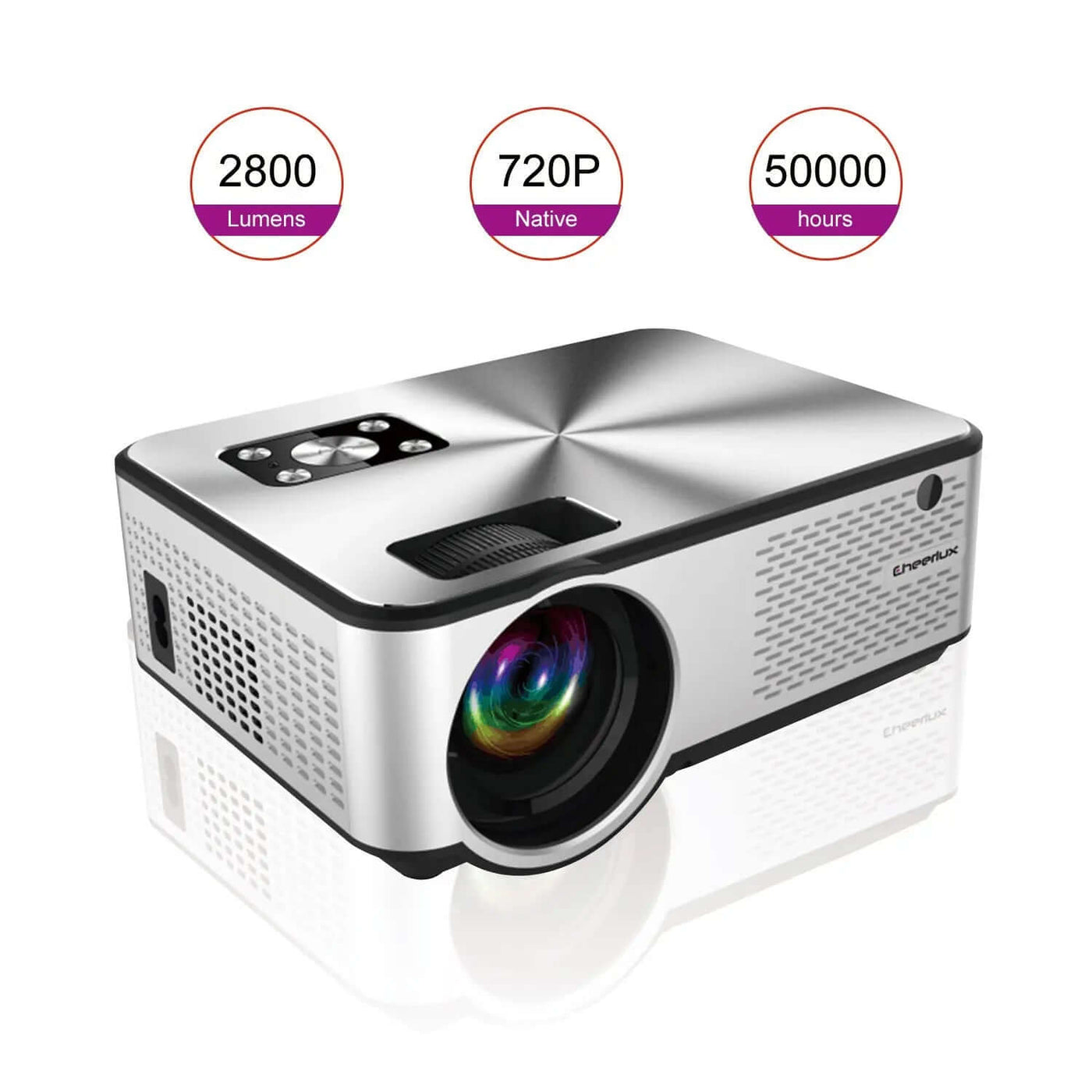HD Home Multi-function Projector 1080P Home with 2800 lumens, 720P native resolution, and 50000 hours of lamp life.