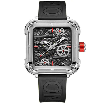 Fashion Mens Watch ONOLA Hollow Full Automatic Luxury Watches Men with black rubber strap and mechanical dial.