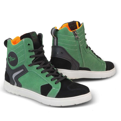 Protection Wear Motorcycle Long And Short Shoes in green and black design, stylish and comfortable for riding.